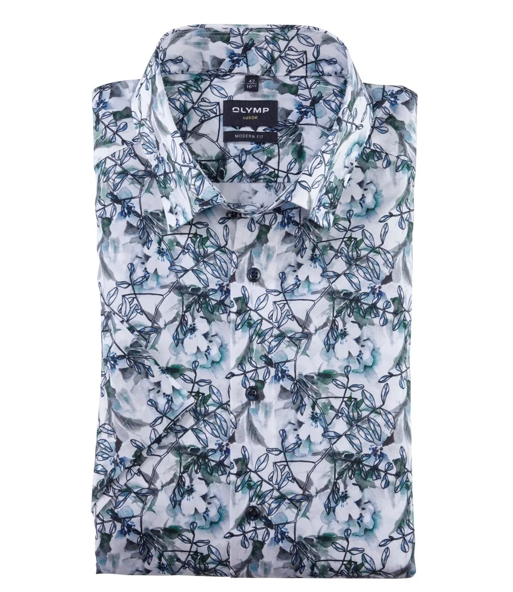 Olymp 1259 32 85 heren overhemd korte mouw donkerblauw groen bloemen print